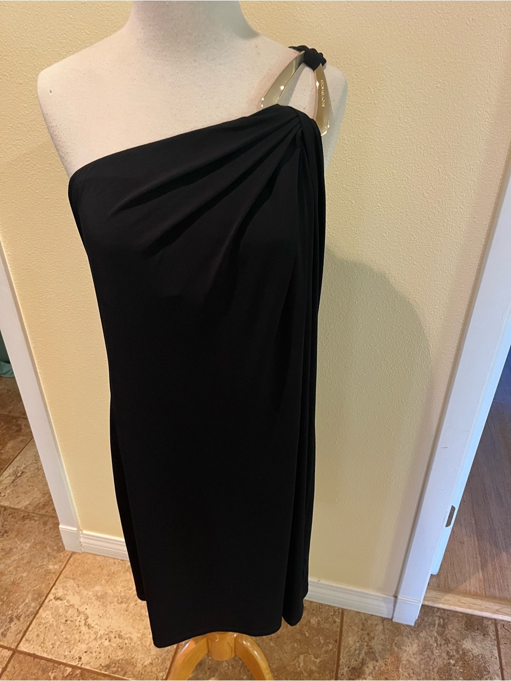 Michael Kors Classic Black One Shoulder Sheath Dress Shiny Gold Hardware  XL